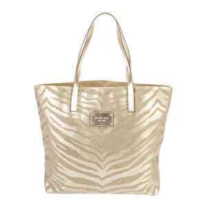 Michael Kors Metallic Gold Zebra Print Open Top Canvas Shoulder Tote Bag Purse‎